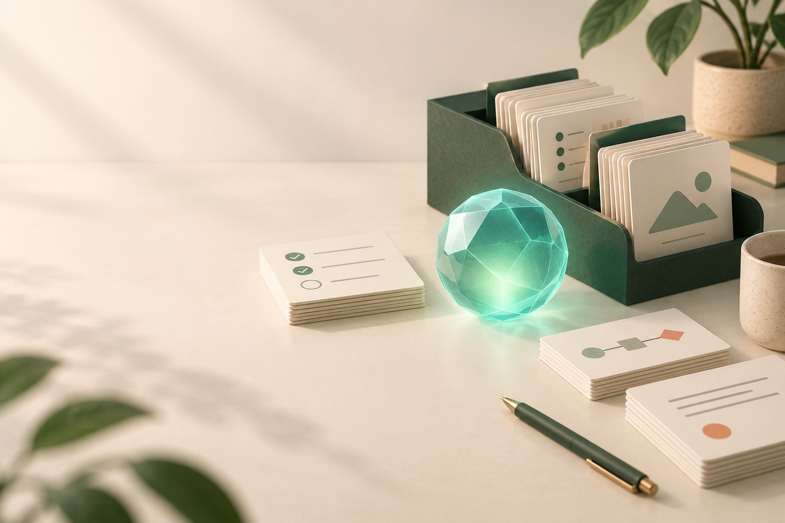 A glowing teal geometric orb beside organized cream cards and forest-green desk organizers on a warm pale desk.